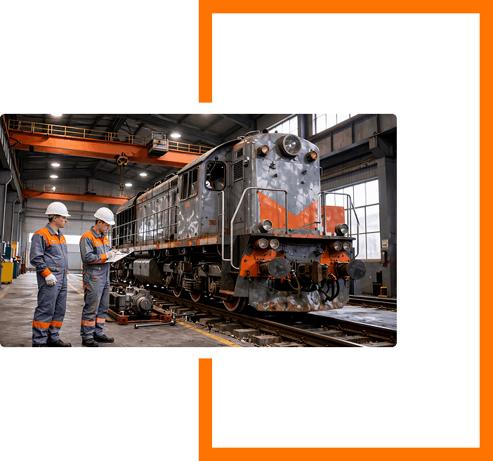 workers standing near a locomotive in a repair shop